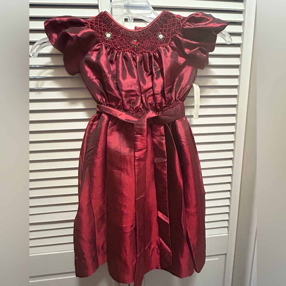 Elegant Burgundy Dress with Smocked and Embellished Neckline NWT